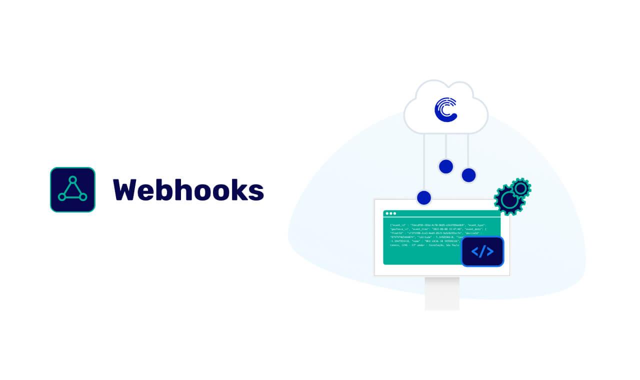 Texto escrito "Webhooks" com um diagrama de um computador abaixo de uma núvem com o logo da Cobli, com pequenos traços (representando dados) saido dela.
