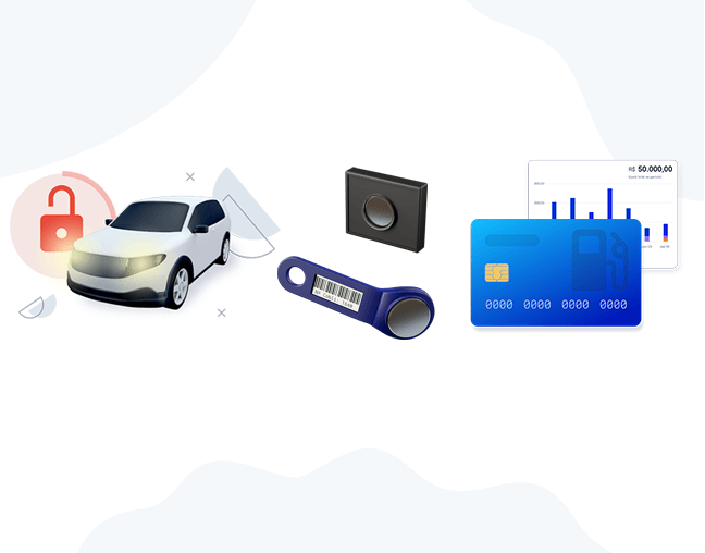 Trava de ignição, chaveiro de identificação e cartão combustível da cobli