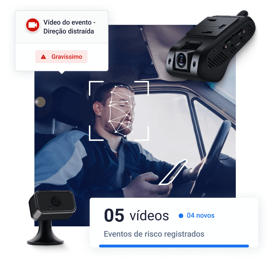 Um motorista olhando para o celular enquanto dirige e a câmera de video telemetria da Cobli detectando evento de direção distraída. Alẽm disso, um texto ilustrativo na imagem escrito: "05 vídeos, 04 novos, eventos de risco registrados".