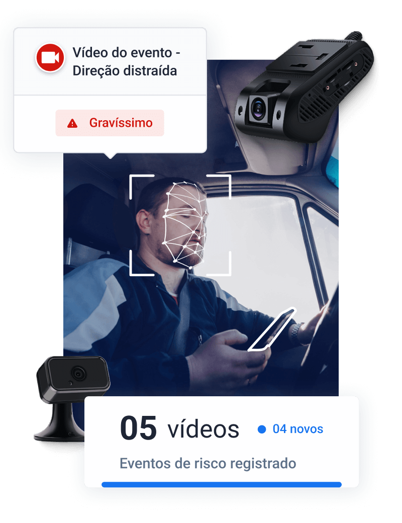 Um motorista olhando para o celular enquanto dirige e a câmera de video telemetria da Cobli detectando evento de direção distraída. Alẽm disso, um texto ilustrativo na imagem escrito: "05 vídeos, 04 novos, eventos de risco registrados".